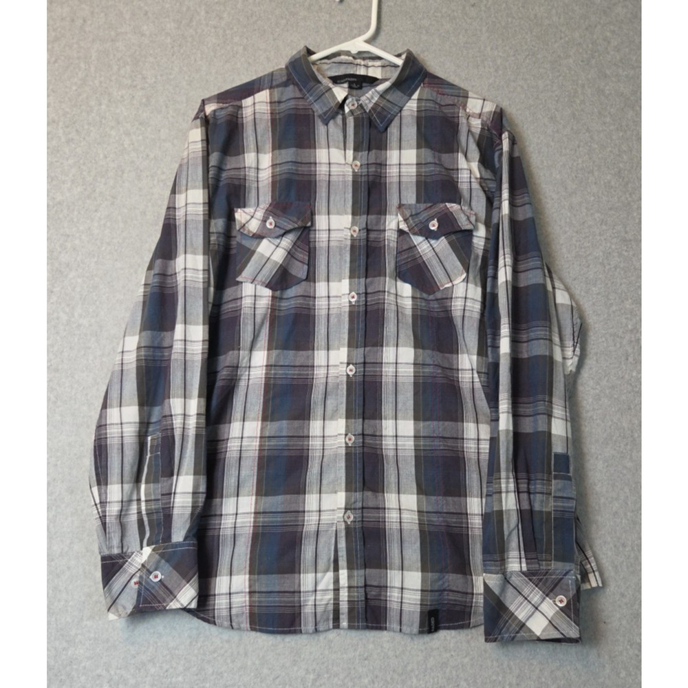 Straight Faded Cotton Blend Gray Plaid LS Casual Button Up Shirt Men's Large